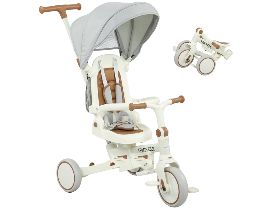 Triciclo infantil 5 en 1, para niños de 1 a 3 años, multifuncional, con manillar ajustable y extraíble y cinturón de seguridad, color blanco crema.