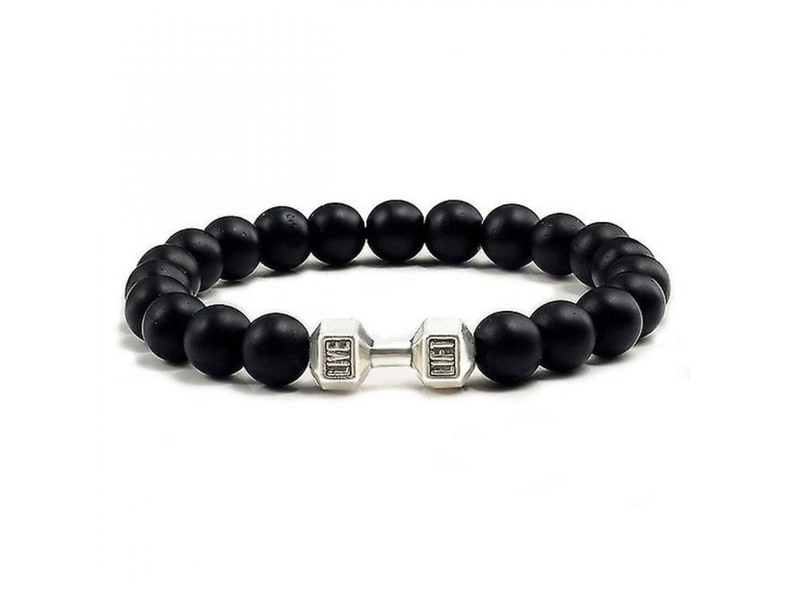 Pulsera De Piedras De Lava Negra Natural Dumbbell Mate Para Hombres Mujeres Joyería Fitness Barbell Hsr Plata Mate Negra