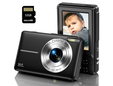 Cámara Compacta Digital TURMIN Dc403 de nivel de entrada para niños, regalos, cámara FHD 44MP, zoom 16X, pantalla de 2.4 pulgadas, 32GB, color negr...