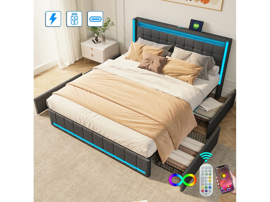 Cama Doble 180x200 Cm, Tapizada, 4 Cajones, Con Luces Led - Control Mediante App, Usb Tipo C, Tejido De Lino - Gris
