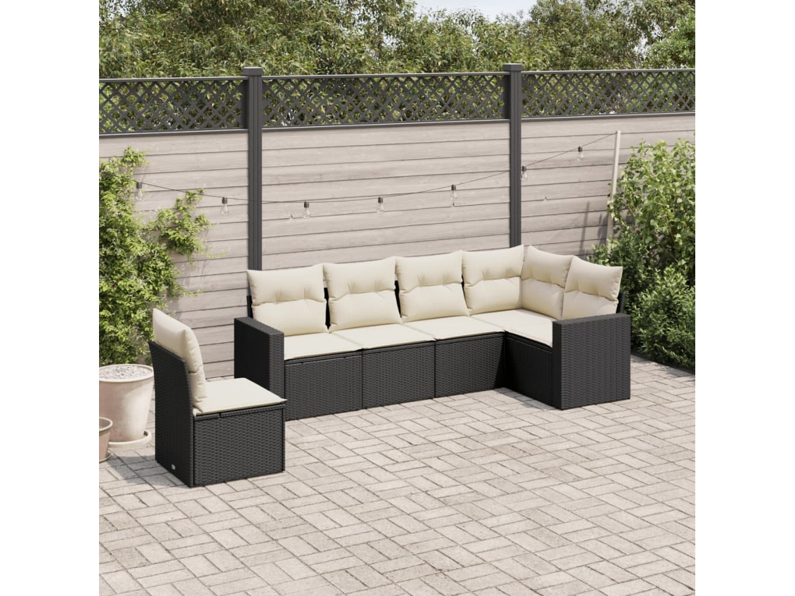 Conjunto de sofá de jardín de 6 piezas con cojines, mimbre sintético negro, DKD Home Decor