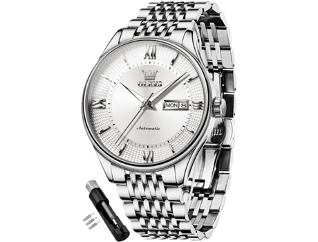 VEANXIN Reloj automático de acero inoxidable resistente al agua con calendario luminoso para hombre(plata)