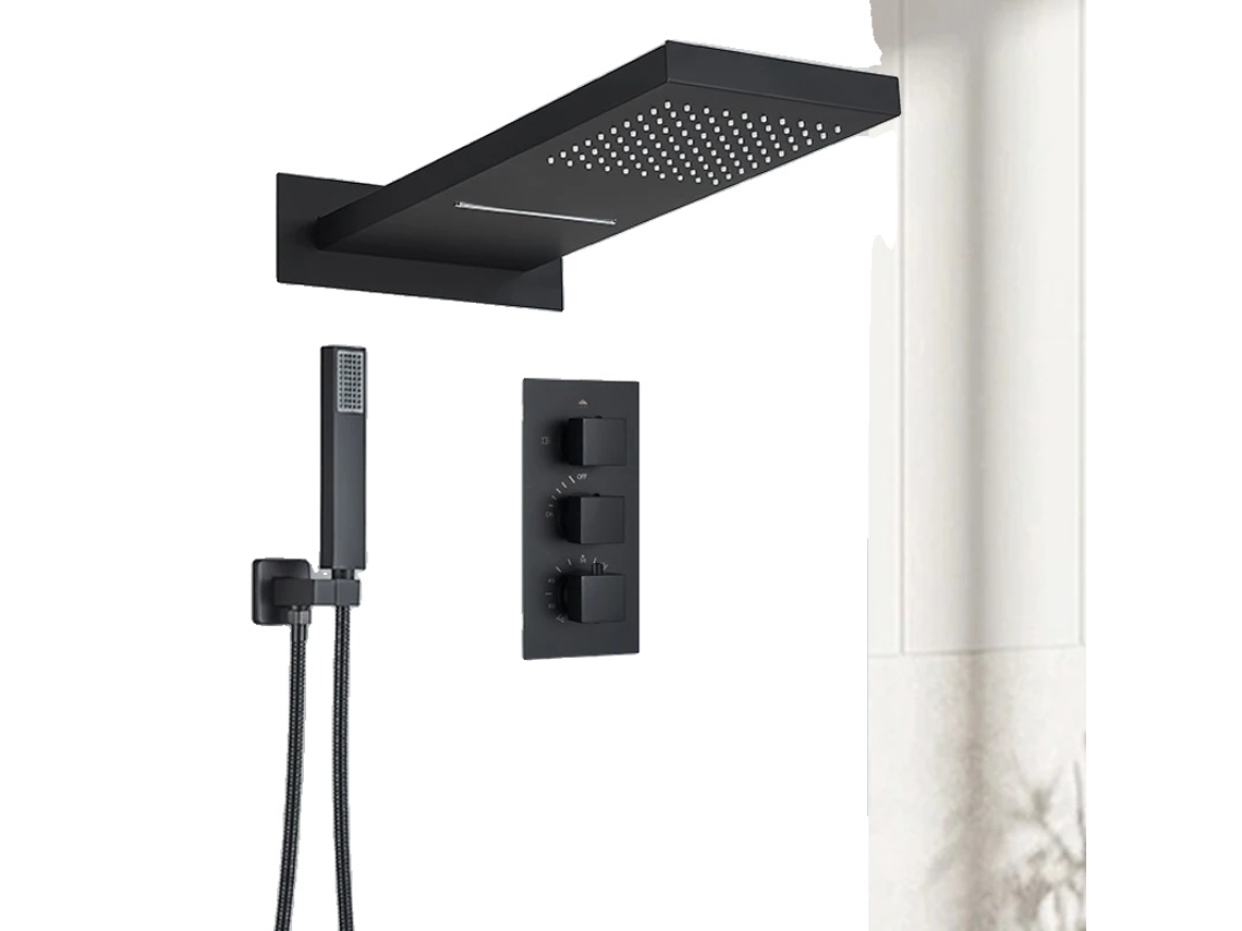 Juego de grifo termostático para ducha de lluvia, construcción de latón, diseño de montaje en pared, negro mate OEM