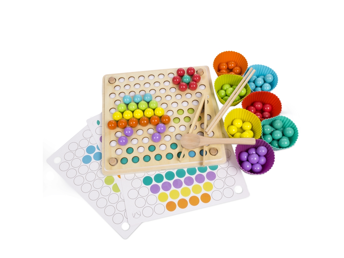 Tablero de madera Montessori para crear mosaicos multicolores. Crea diseños libres o sigue el ejemplo de tus padres.