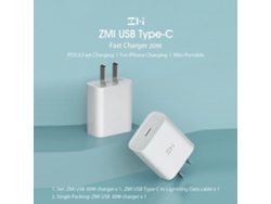 Adaptador De Pared Mini Cargador Rápido Portátil Zmi Usb-c De 20 W Pd3.0 Compatible Con Iphone 12/11/xs Huawei 100-240 V