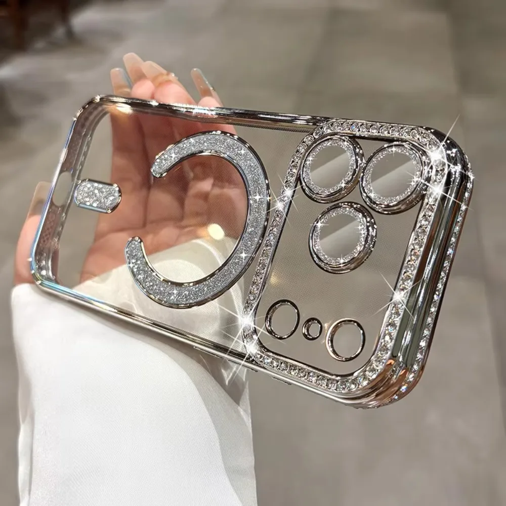 (iphone Air, Plata) Funda De Succión Magnética Para Iphone, Funda Transparente Suave De Diamante Flash, Funda Protectora De Cámara Completa