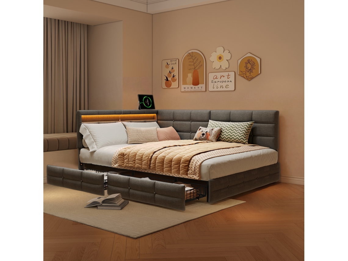 Cama Tapizada En Forma De L, 140x190cm, Con Puerto De Carga Usb, Led Y 2 Cajones De Almacenamiento, Tela De Lino,gris, Rosa.