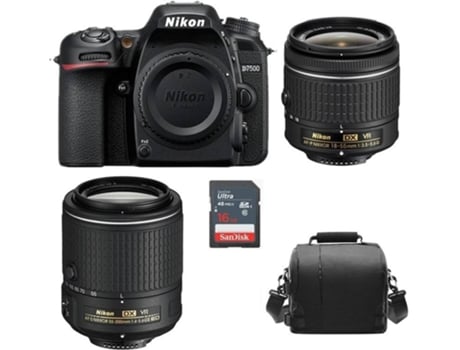 Kit Cámara Réflex NIKON D7500 Negro AF-P 18-55mm F3.5-5.6G VR + AF-S 55-200mm F4-5.6G ED VR II + Funda de cámara + Tarjeta SD de 16GB