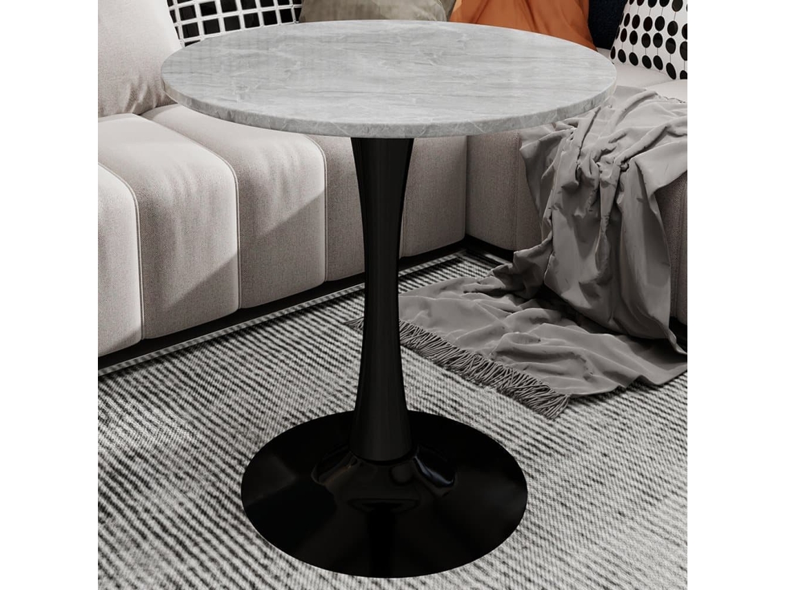 Mesa De Centro 70cm - Estilo Moderno Mitad De Siglo, Tapa Redonda Mármol - Negro+gris