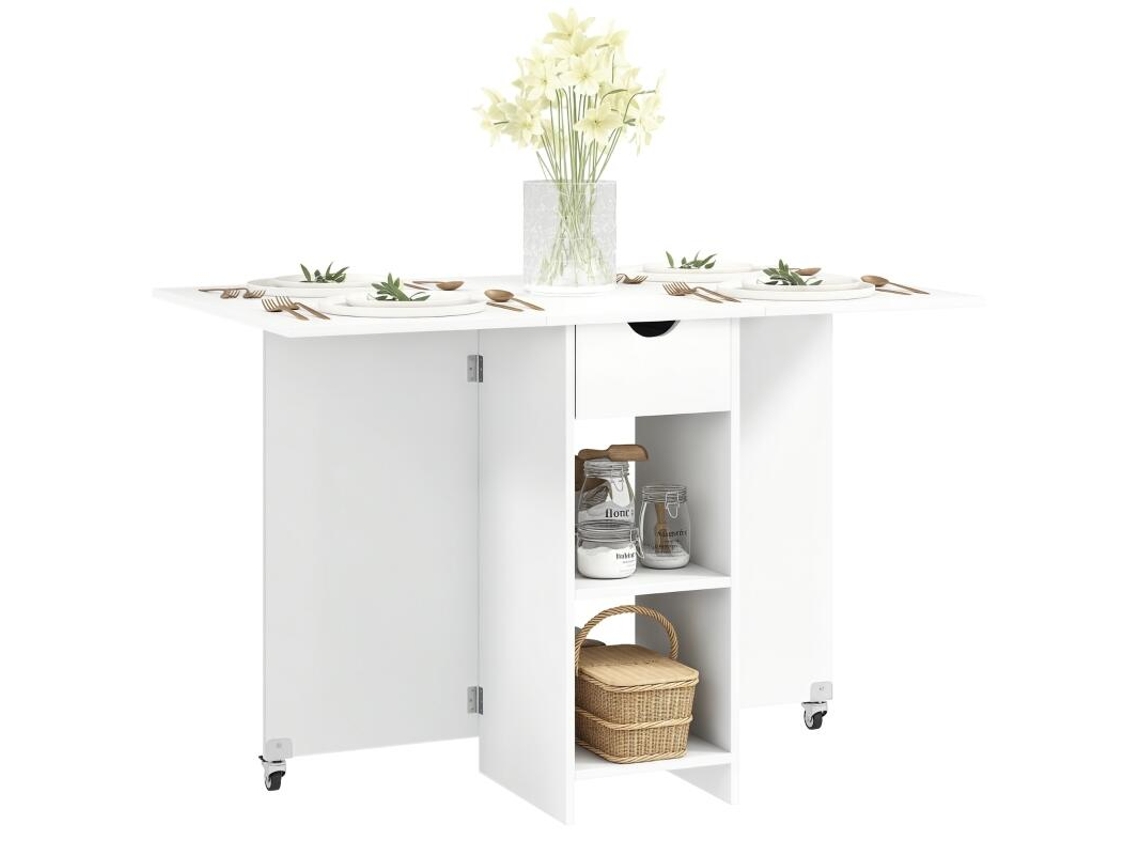 Mesa De Comedor Plegable Para 2 A 4 Personas, Mesa De Cocina Plegable Con Espacio De Almacenamiento, Mesa Extensible Con Ruedas, Color Blanco.