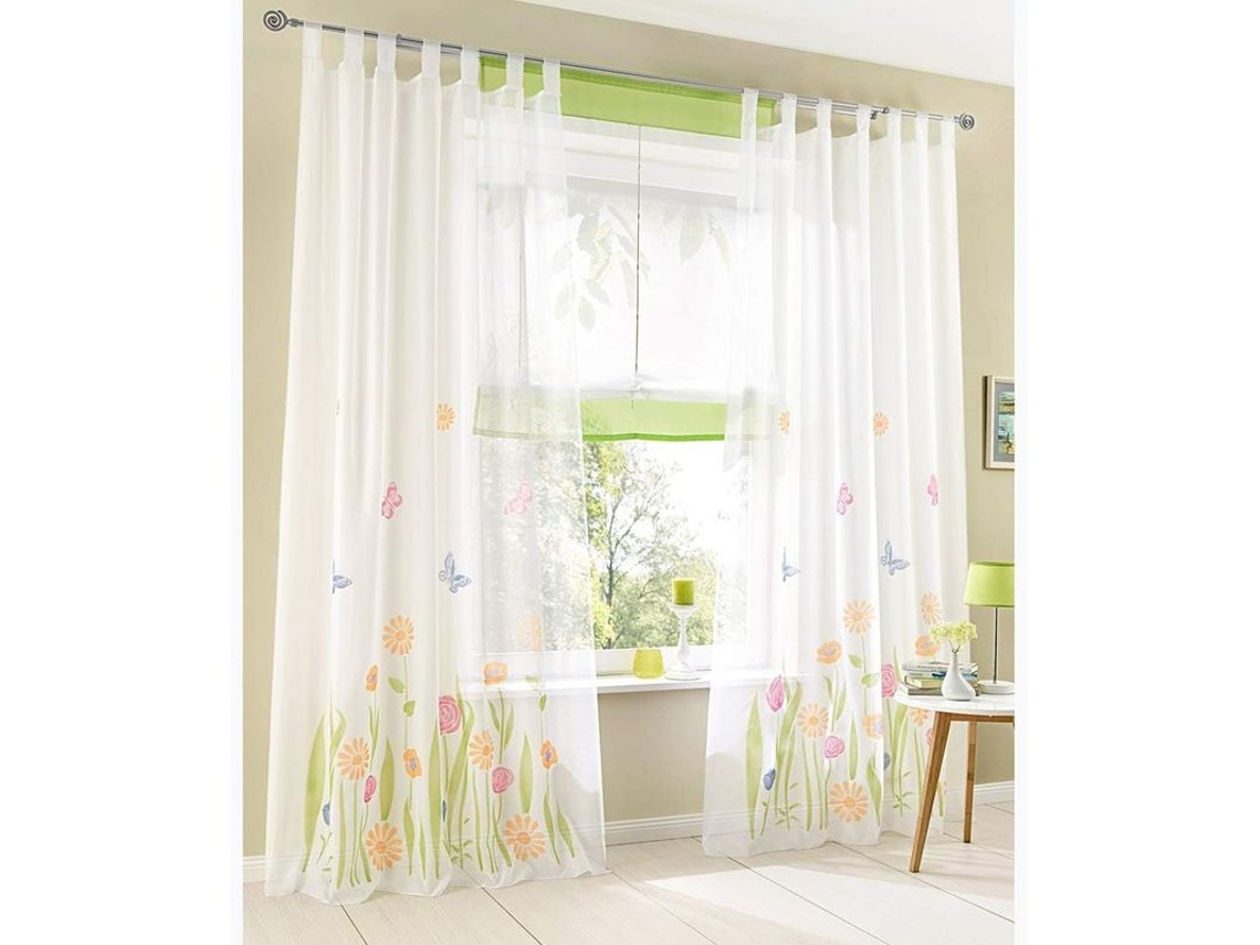 Juego De 2 Cortinas Transparentes Con Anillas - Estampado Floral - Verde, 150x225cm
