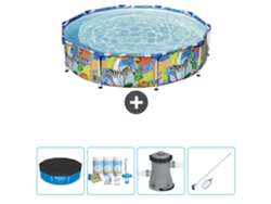 Piscina BESTWAY Round Steel Pro - 305 x 66 cm - Estampado Selva - Incluida Cubrir - Paquete de mantenimiento - Bomba - kit de limpieza
