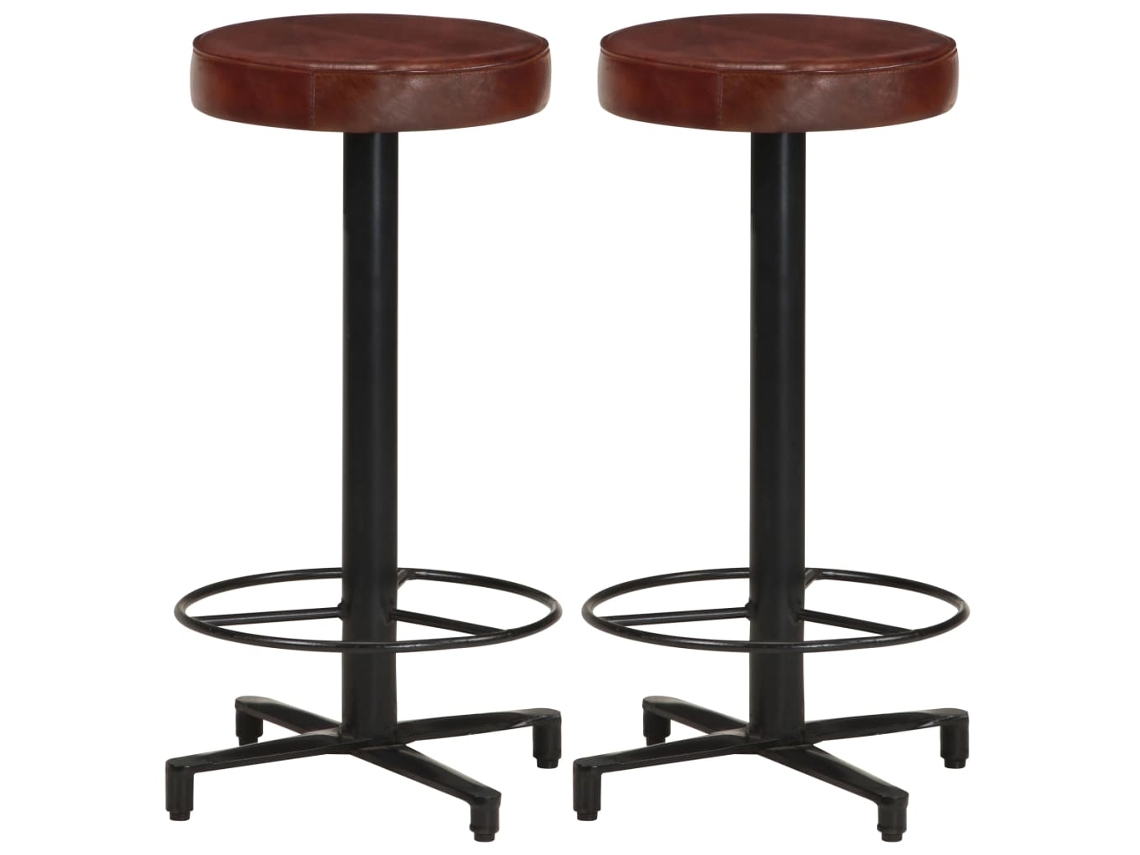 Juego de 2 taburetes altos de bar, 66 cm de altura, con reposapiés integrados, tapizados en piel marrón auténtica y hierro, Dec029600