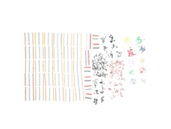Kit de componentes electrónicos: diodos LED, resistencias de 30 ohmios, condensadores cerámicos y electrolíticos.