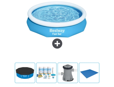 Piscina Hinchable Redonda Fast Set BESTWAY - 305 x 66 cm - Azul - Incluida Cubrir - Paquete de mantenimiento - Bomba - Suelo