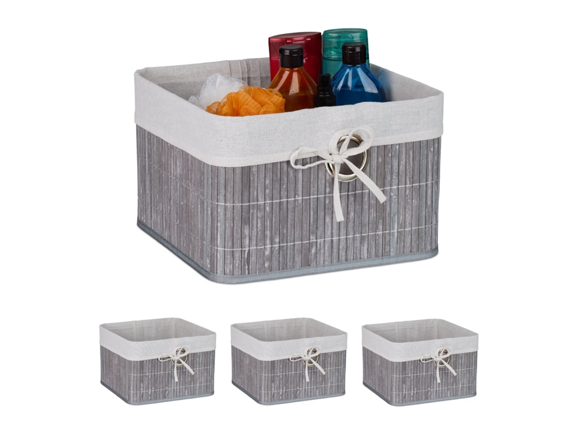 Conjunto De 4 Cestos De Arrumação Relaxdays, Bambu, Forro Em Tecido, Hbt: 20x31x31 Cm, Cinza/branco