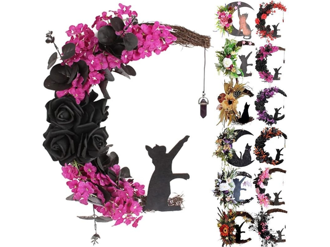 Corona De Luna De Halloween Con Gato Negro Para La Puerta Principal, Decoración Gótica De Bruja Con Rosa