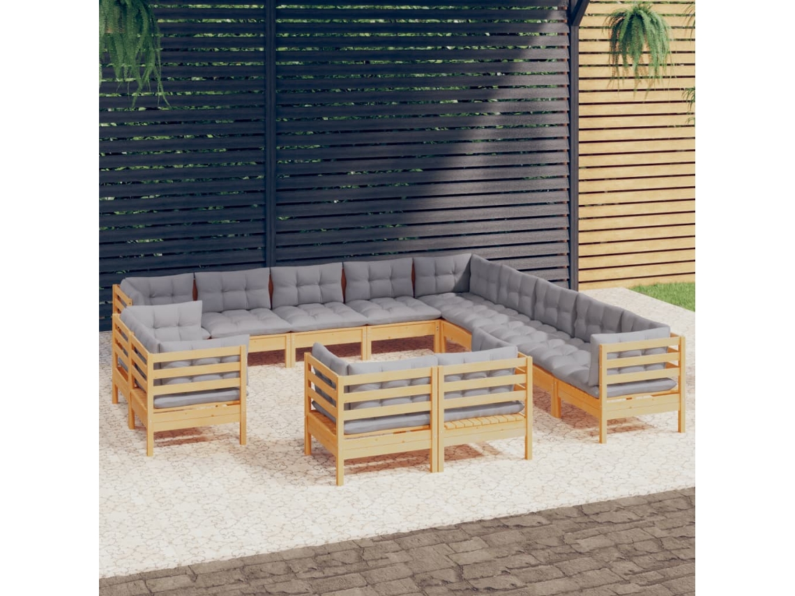 Conjunto 13pcs Lounge De Jardim Almofadões Cinza Pinho Maciço Dkd Home Decor
