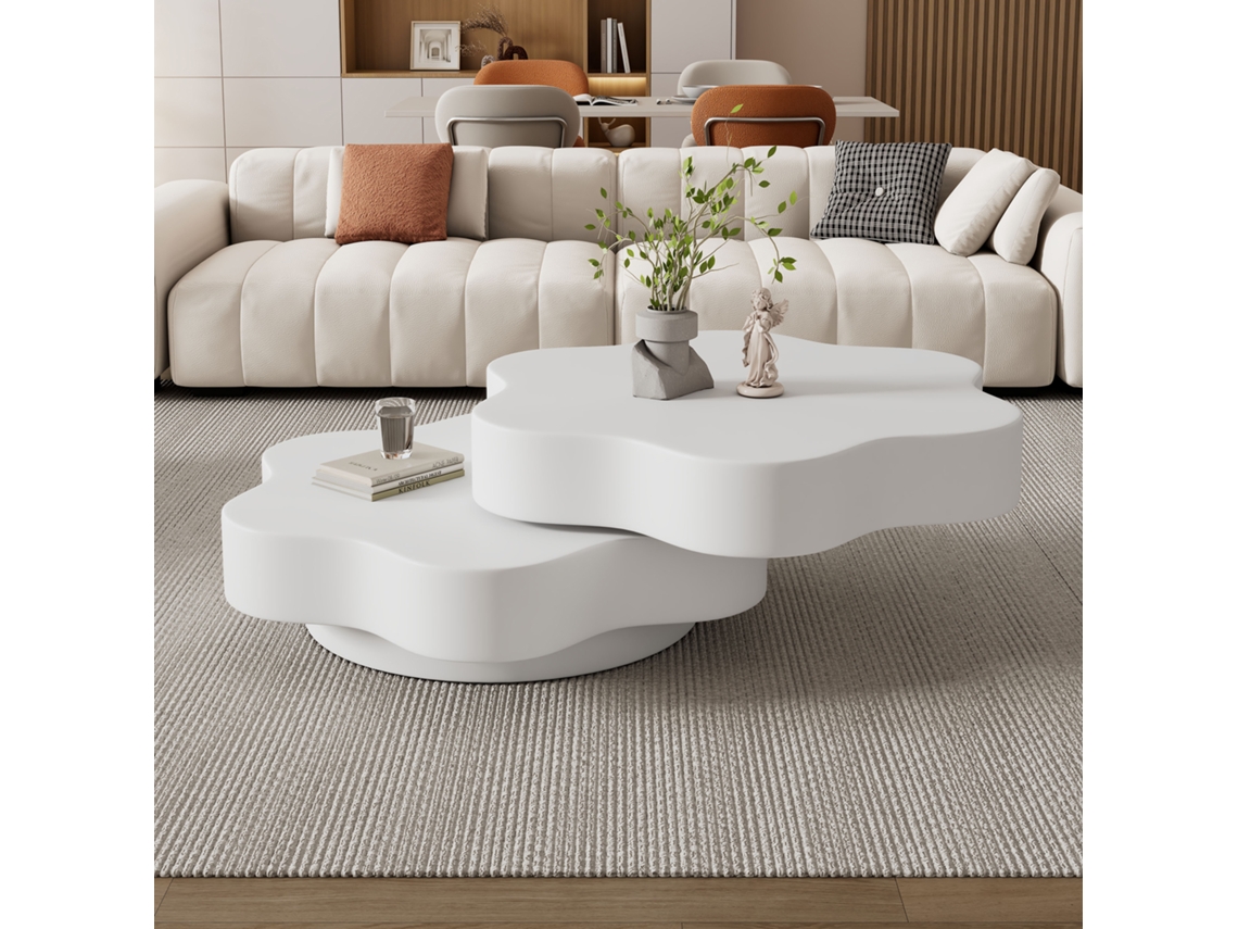 Mesa De Centro 74.8x67.5x31 Cm - Mesa De Café En Forma De Flor, Superior Giratoria 360°, Con 2 Estantes, Color Crema