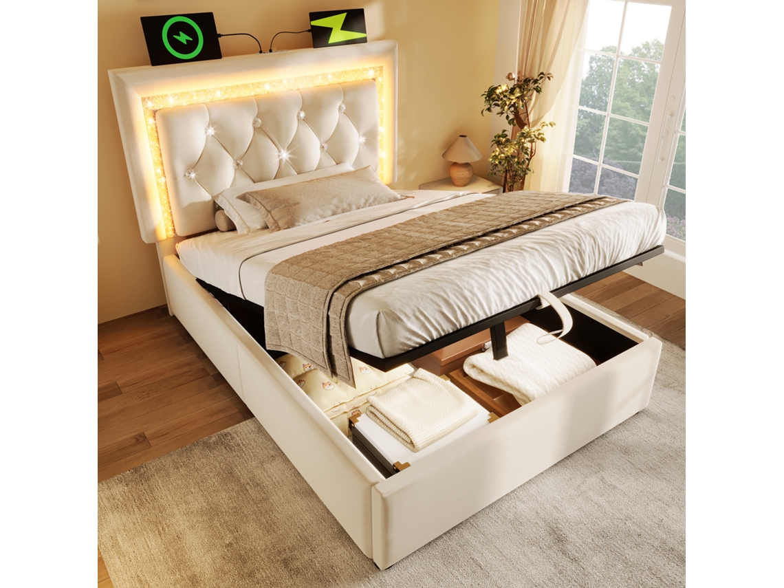 Cama Tapizada 90x200 Cm Terciopelo Beige, Led Diamante, Usb-c, Almacenamiento Hidráulico, Somier De Láminas, Sin Colchón.