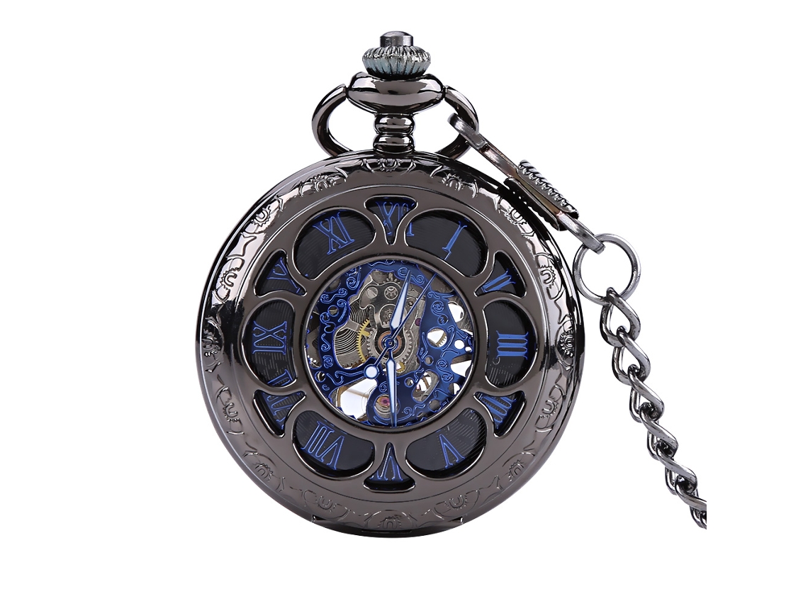 Reloj De Bolsillo Mecánico Clásico De Cuerda Manual Con Tapa Trasera Calada En Forma De Flor Y Cadena De Aleación.