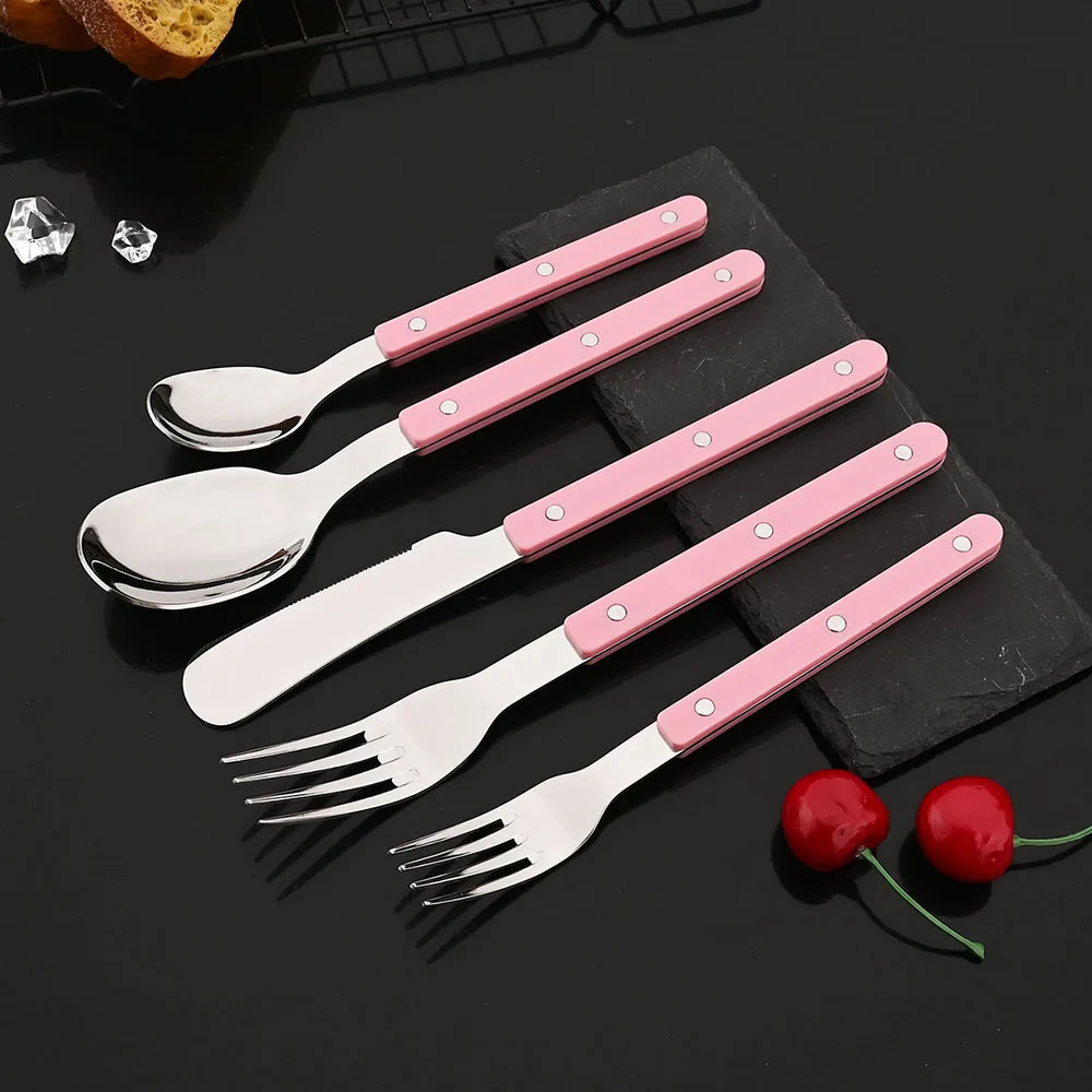(rosa, Juego De 5 Piezas) Cubiertos Con Mango De Acrílico Y Detalles Decorativos, Tenedor, Cuchillo Y Cuchara De Acero Inoxidable.
