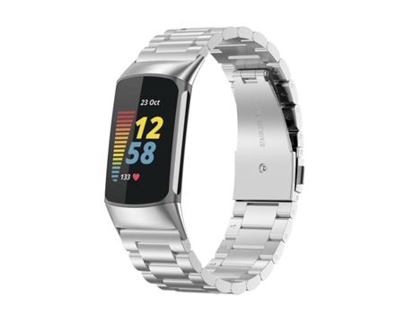 Correa de reloj inteligente para Fitbit Charge 5 de acero inoxidable de tres cuentas (plata)