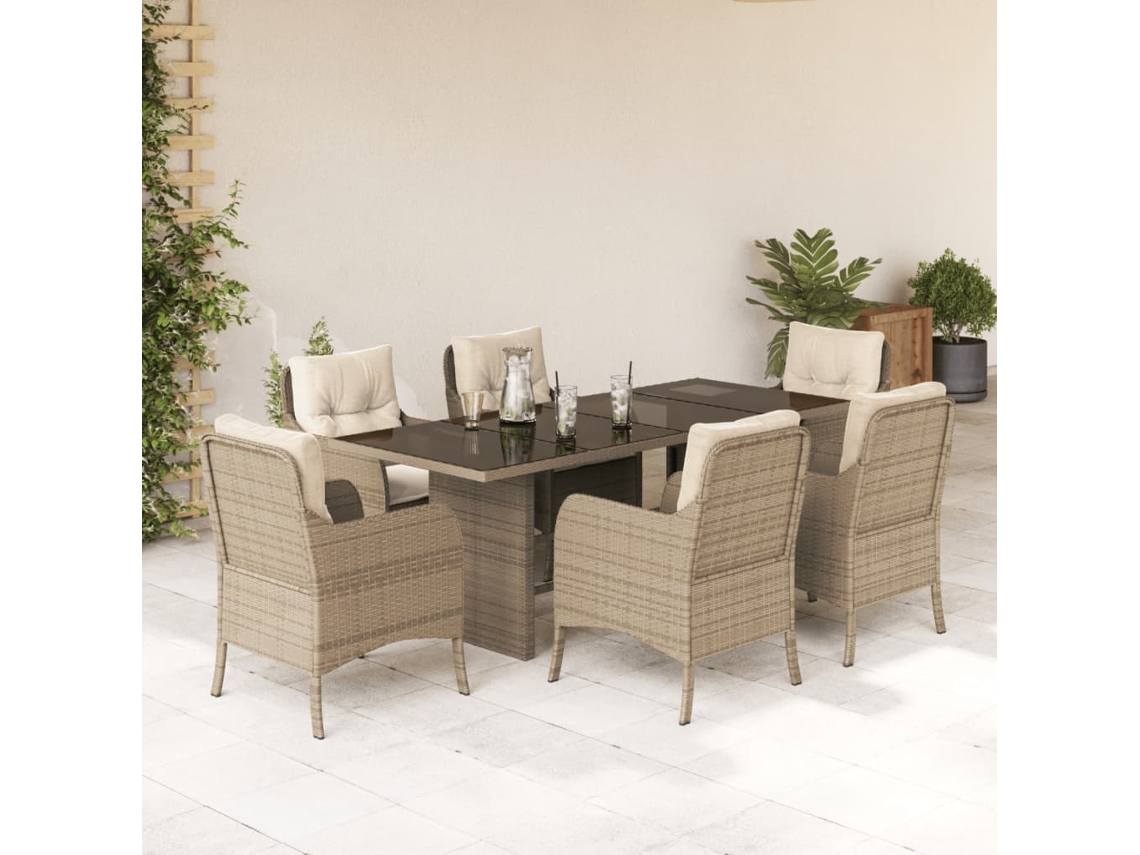 Juego de comedor de jardín de 7 piezas con cojines, mimbre sintético beige, DKD Home Decor