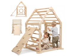 Zona De Juegos Interior De Madera Con Escalada, Red, Columpio Y Anillas Para Niños