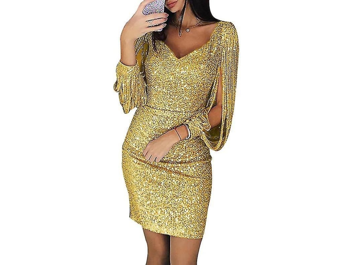Vestido De Sequências Para Mulher Com Colo V Profundo, Mangas Longas Com Tassel, Curto Acima Do Joelho, Brilho E Lantejoulas