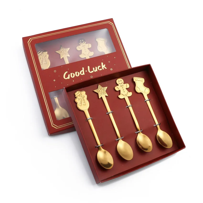 Cuchara navideña de acero inoxidable con caja de regalo, cuchara de postre con forma de hombre de jengibre. Mdug (oro)