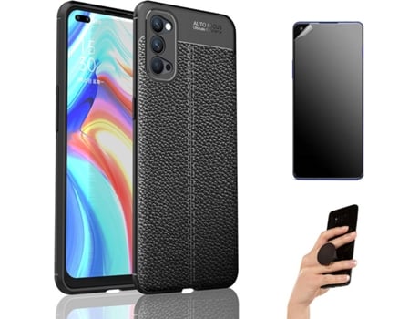 Kit Carcasa Y Protector Oppo Reno 4 5G Ultimatte Rugged Leather Y Popsocket Negro