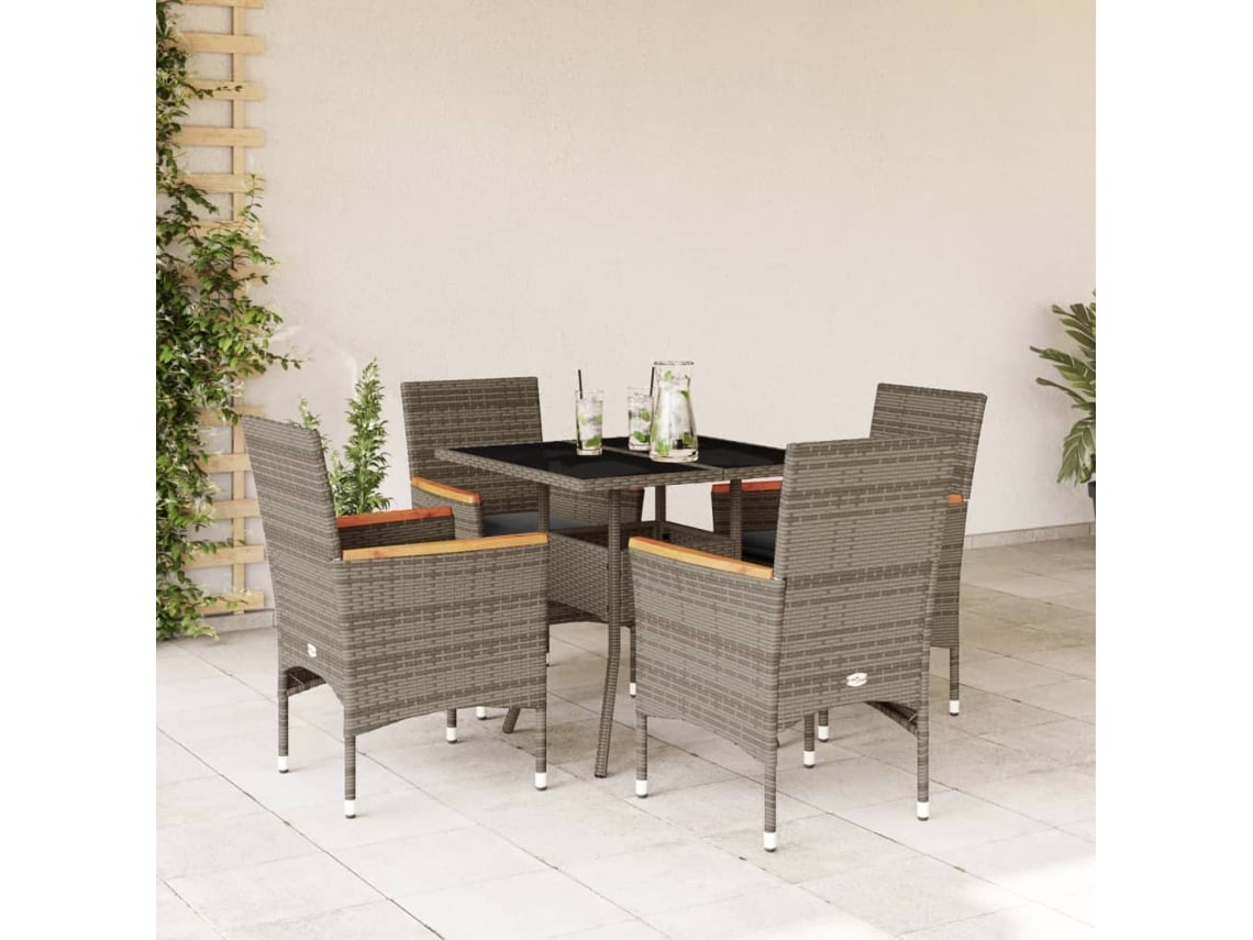 5 Piezas Conjunto Jantar Jardim C/ Almofadões Vime Pe/vidro Cinza Dkd Home Decor