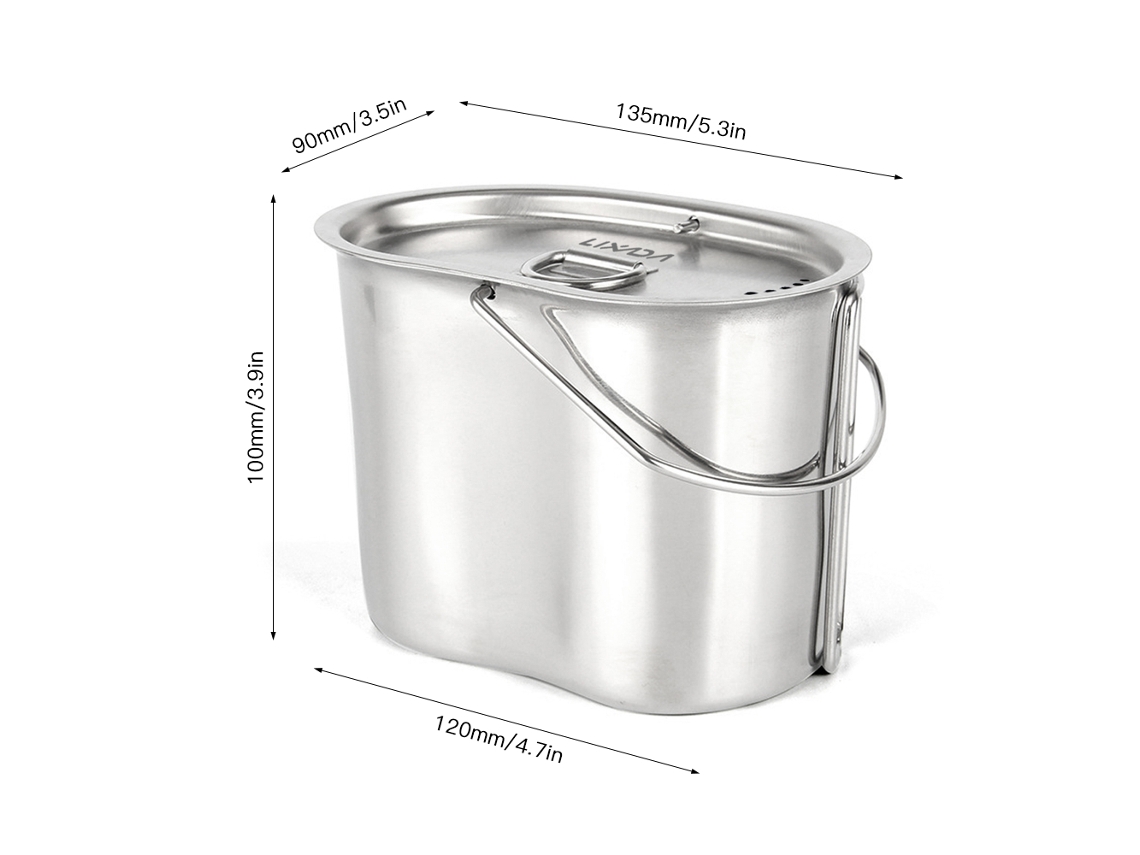 Taza de acero inoxidable cepillado con asa plegable y tapa para camping.