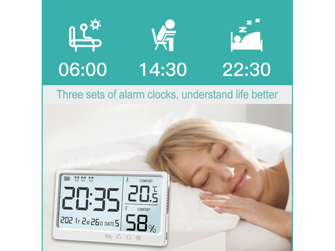 Reloj Despertador Con Termómetro Lcd De Alta Precisión Y Higrómetro Para Medir La Temperatura Y La Humedad Tanto En Interiores Como En Exteriores.