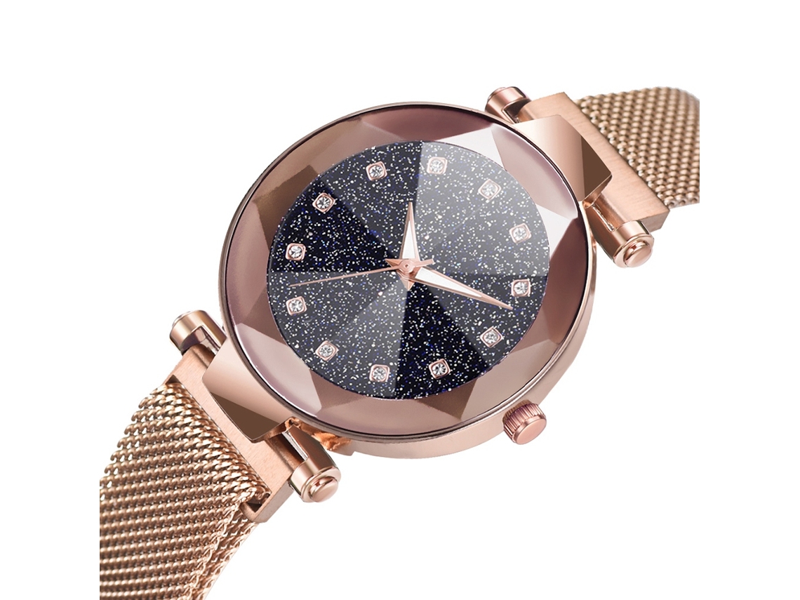 Reloj De Cuarzo Para Mujer Con Correa De Malla, Botón Magnético, Esfera Redonda, Oro Rosa.