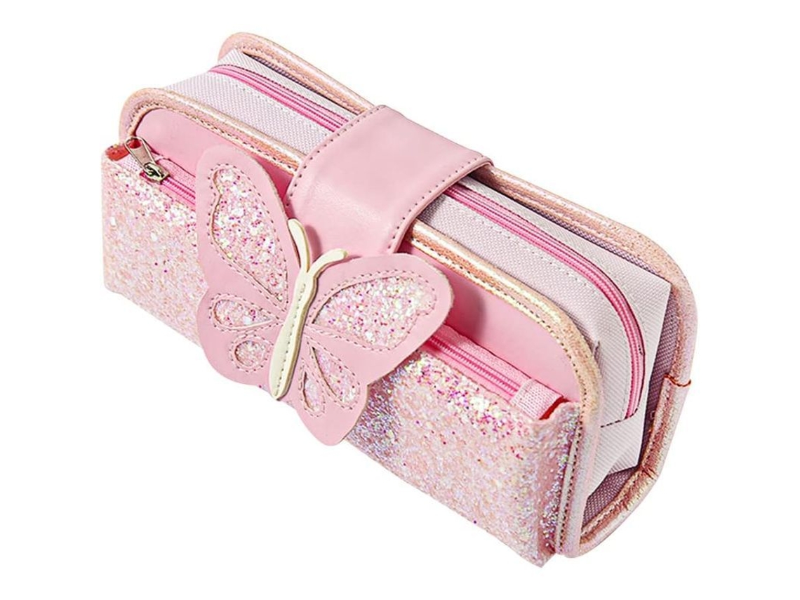 2026rebe-estuche De Lápices Linjou De Gran Capacidad, Canvas Reversible Con Purpurina, Rosa, 3 Compartimentos