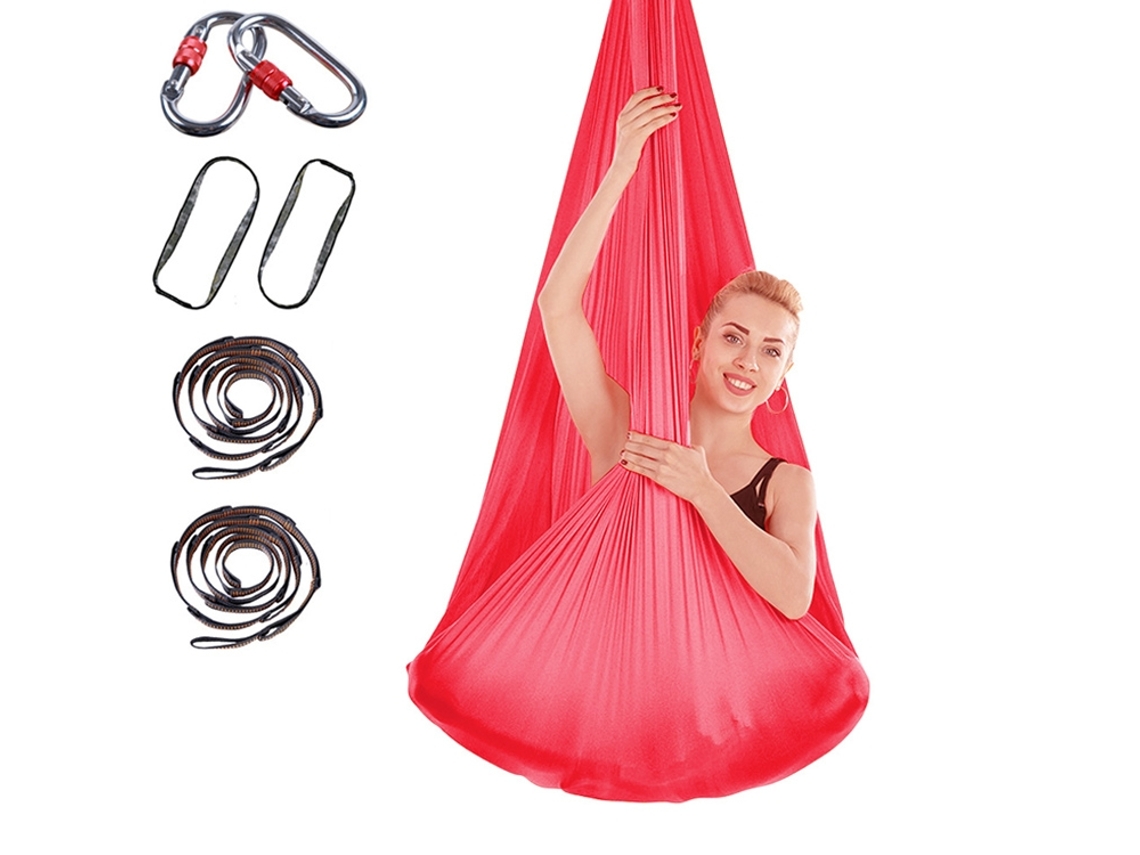 Hamaca de yoga de 400 x 280 cm con correa de extensión y cierre (roja)