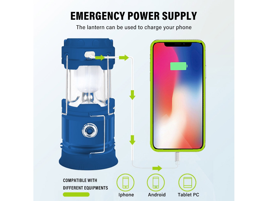 Linterna solar portátil recargable para acampar en caso de emergencia
