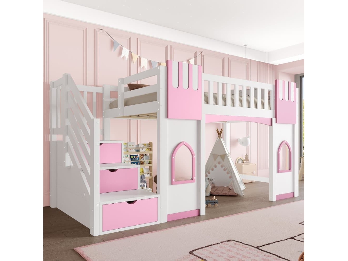 Cama Alta 90x200 Cm - Escalera Con Almacenamiento Y Ventana - Blanco Y Rosa