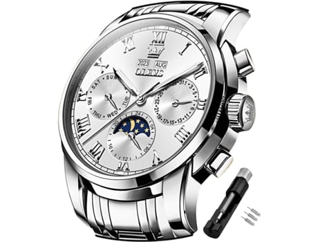 VEANXIN Reloj mecánico automático para hombre Calendario luminoso multifuncional resistente al agua(blanco plateado)