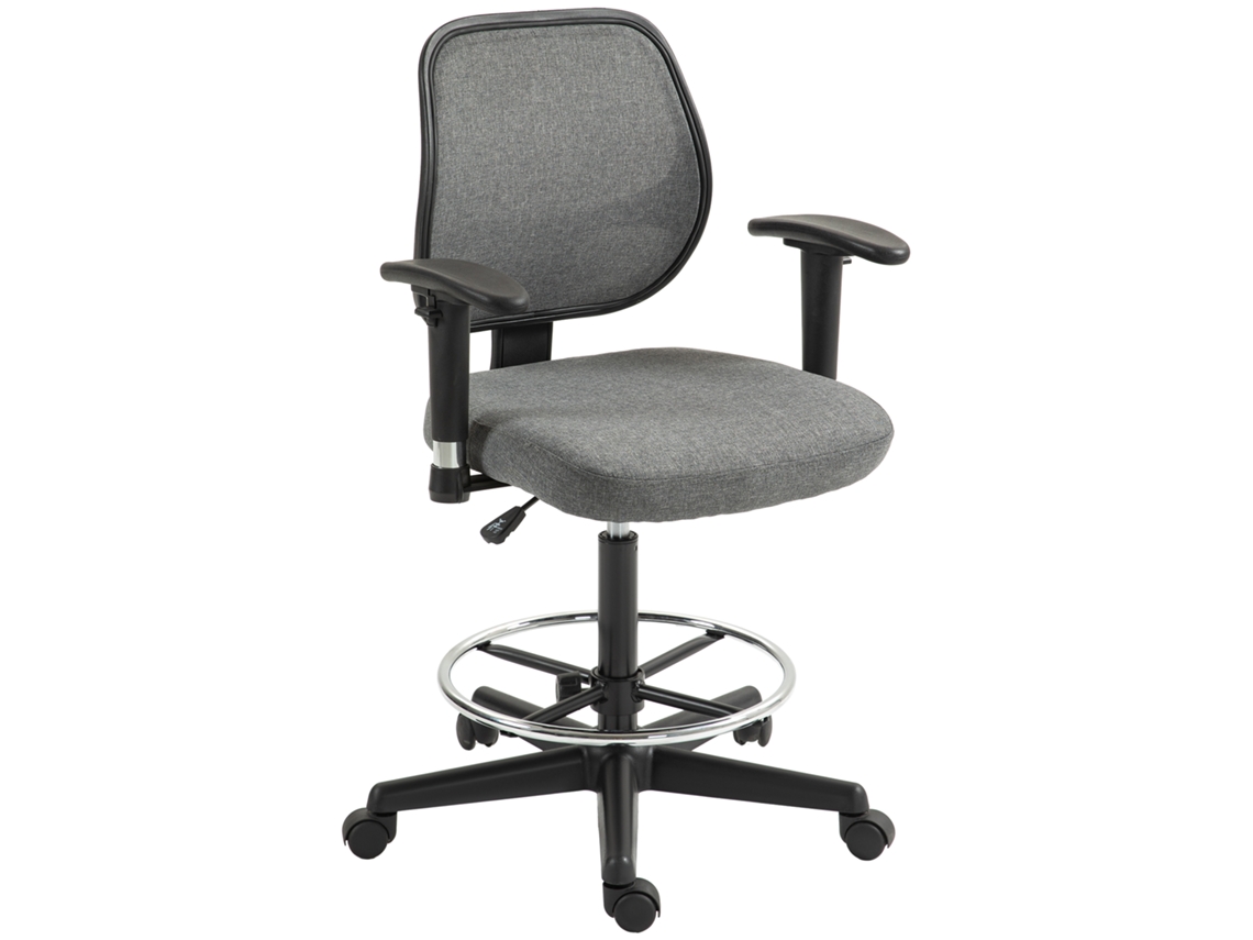 Silla de oficina ajustable de respaldo alto con reposabrazos y ruedas, color gris.
