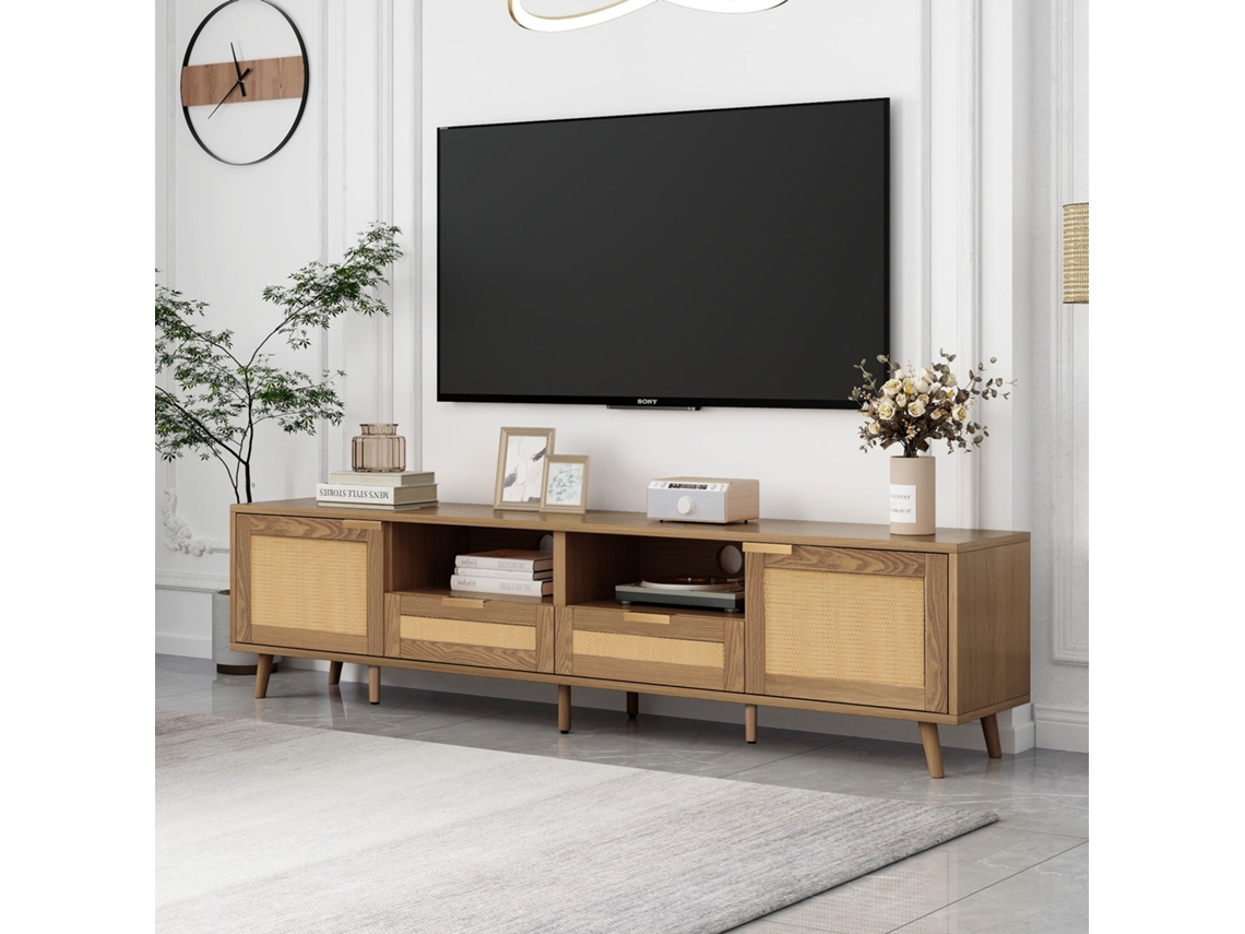 Mueble de TV, 200*37*49 cm, mueble de TV con diseño de ratán sintético, patas de madera maciza, panel de TV de ratán.