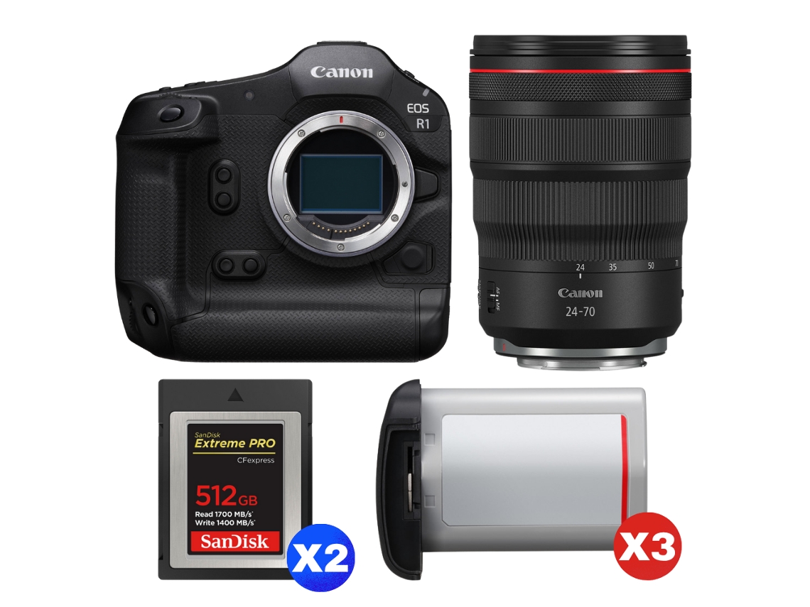 Canon Eos R1 + Rf 24-70mm F/2.8 L Is Usm + 2 Sandisk 512gb Extreme Pro Cfexpress Type B + 3 Canon Lp-e19 + Ebook Pricedirect