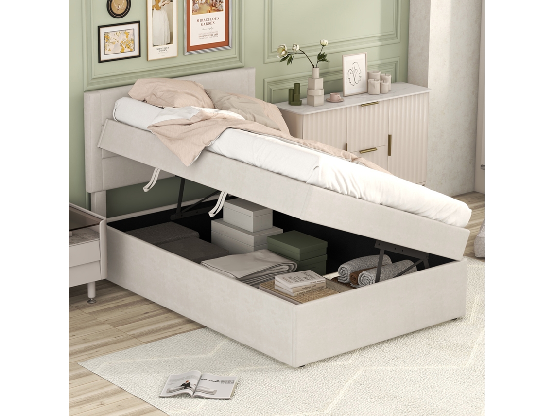 Cama Individual De 90x200 Cm, De Metal, Tapizada En Color Beige, Con Espacio De Almacenamiento.