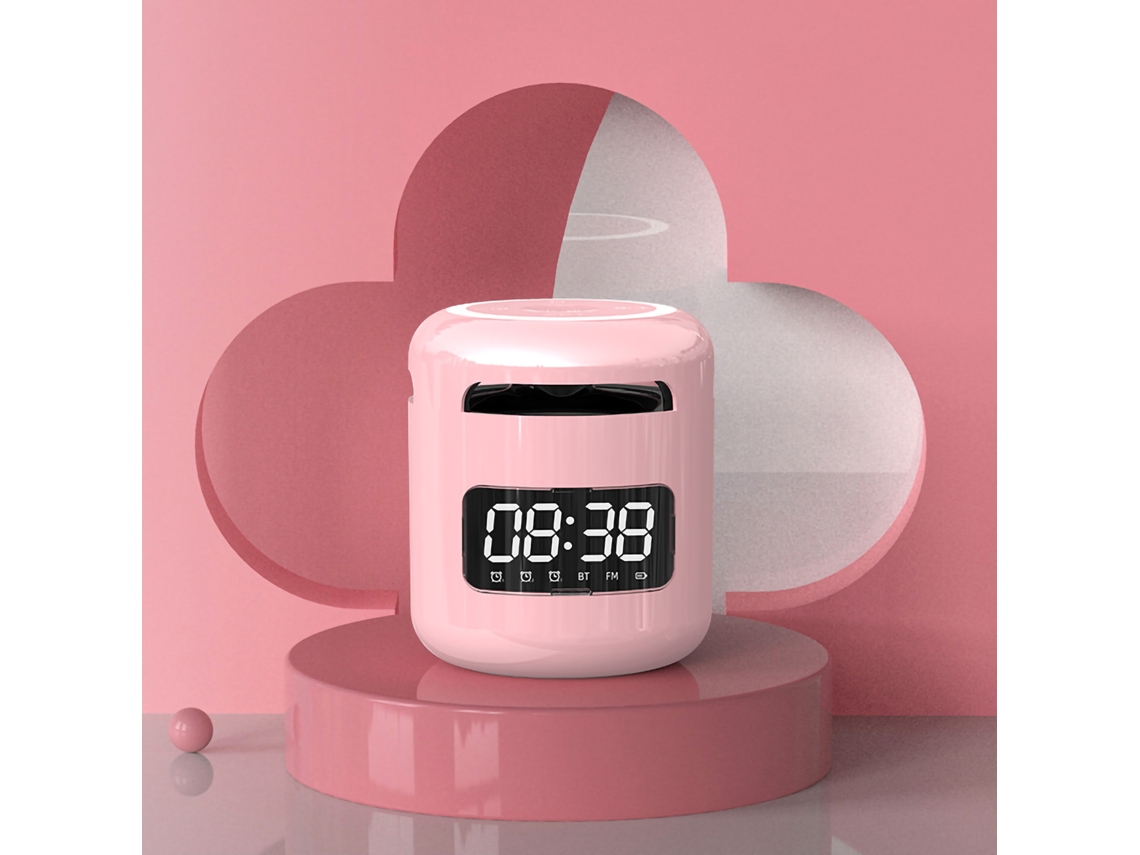 Altavoz Bluetooth Con Reloj, Carga Tipo C, Subwoofer, Mini Altavoz Inalámbrico Con 3 Alarmas Y Luz Ambiental Rosa