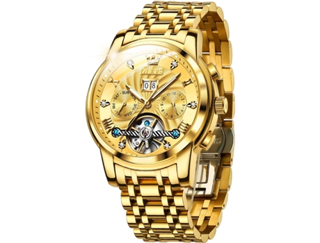 VEANXIN Reloj automático para hombre con calendario, acero inoxidable, luminoso, resistente al agua(oro)
