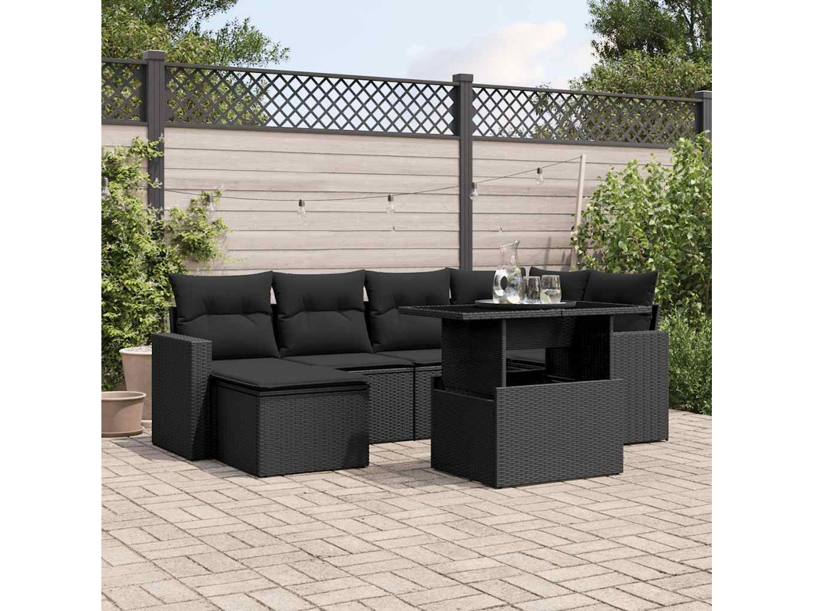 Conjunto de sofá de jardín de 7 piezas con cojines de mimbre negro de DKD Home Decor