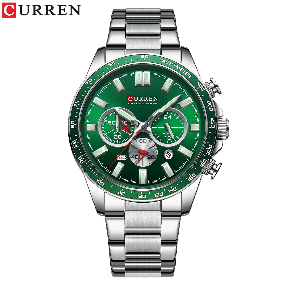 Reloj para hombre (verde plateado), luminoso, resistente al agua, pulsera de acero inoxidable.