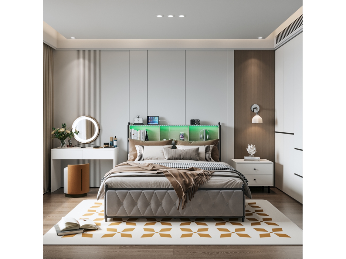 Cama Tapizada 180x200 Cm, Cama De Matrimonio Con Iluminación Led Y Conexión Usb, Con 4 Cajones Y Cabecero Con Almacenaje, Terciopelo Beige
